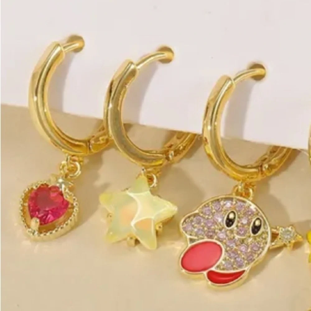 14K Gold Kirby Theme Huggie Hoop Dangle Mismatched Asymmetrical Earrings Set